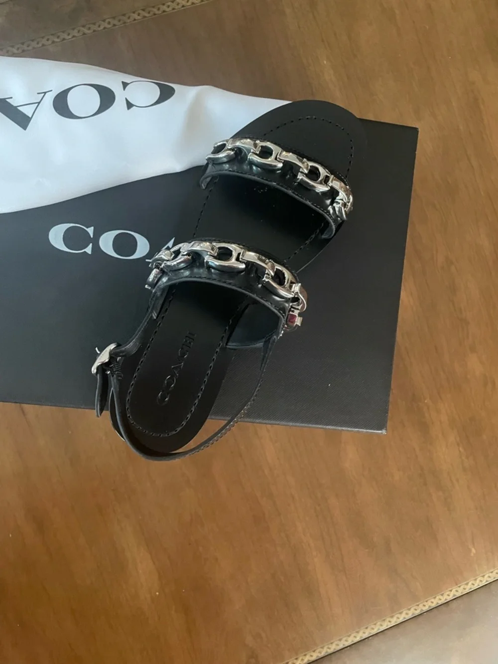 Coach Black Leather Sandal with Silver Chain Detail - Picture 3 of 10